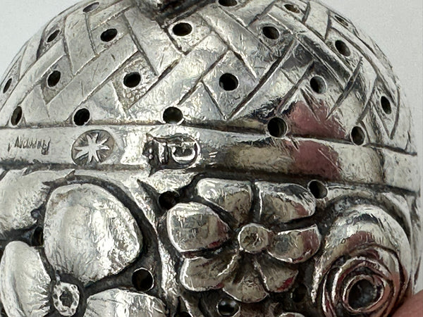 Tea Ball Infuser Spoon. German 800 Silver. Repousse Floral, Pierced Handle. 6"