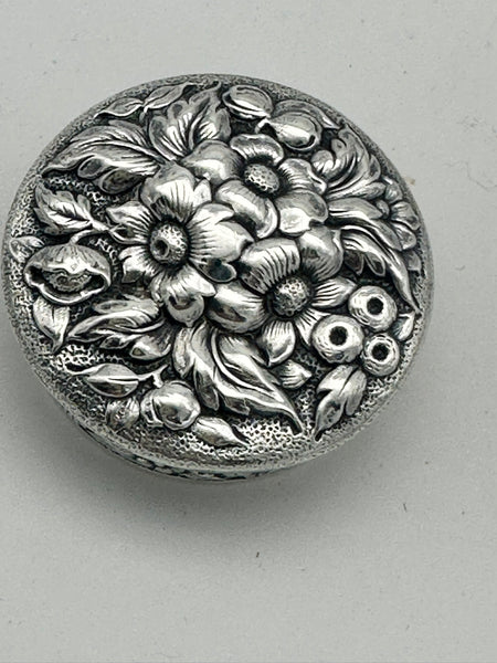 Circular Pill Box Cosmetic Box. Dominick & Haff Sterling Silver Repousse. 1 3/4"