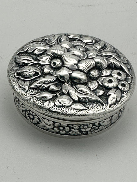 Circular Pill Box Cosmetic Box. Dominick & Haff Sterling Silver Repousse. 1 3/4"