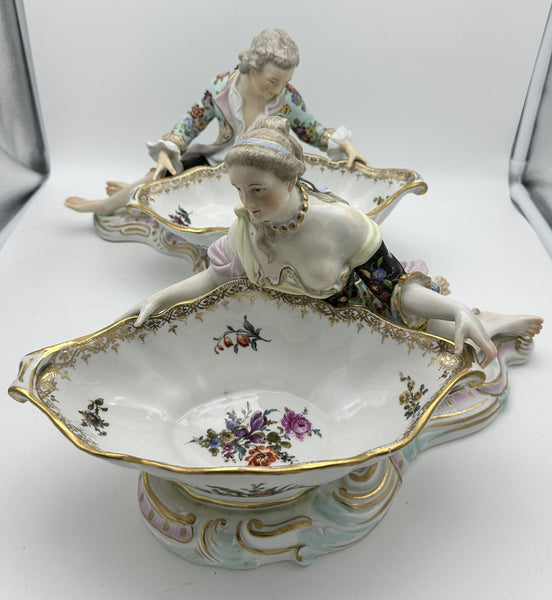Pair Large Sweet Meats Figural Dishes Man and Woman. Sitzendorf Porcelain. 19thC