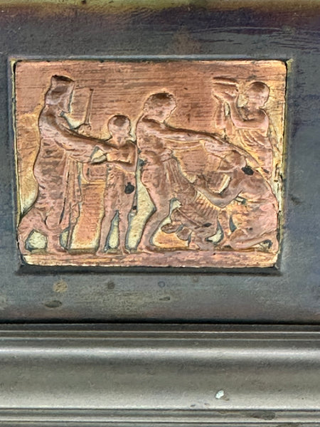 Pair Urns on Pedestal. Brass with Classical Scenes. 12" Height