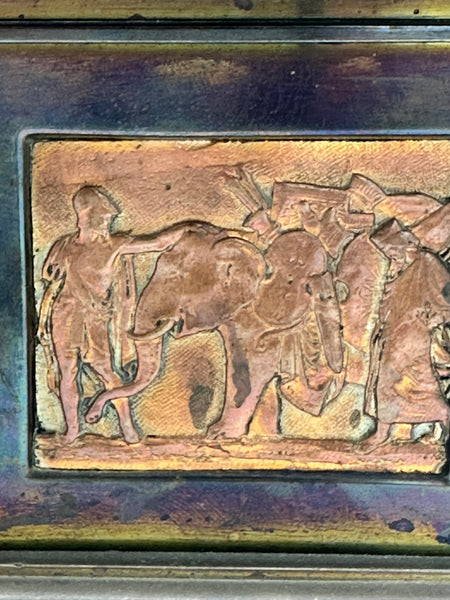 Pair Urns on Pedestal. Brass with Classical Scenes. 12" Height