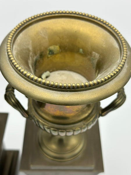 Pair Urns on Pedestal. Brass with Classical Scenes. 12" Height