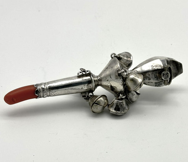 Georgian Period English Sterling and Coral Baby Rattle with Whistle. 5"