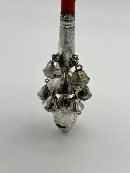 Georgian Period English Sterling and Coral Baby Rattle with Whistle. 5"