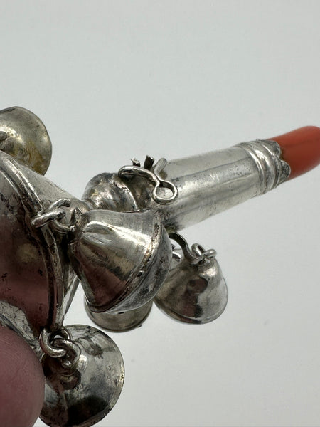 Georgian Period English Sterling and Coral Baby Rattle with Whistle. 5"