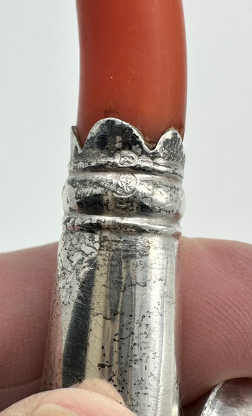 Georgian Period English Sterling and Coral Baby Rattle with Whistle. 5"