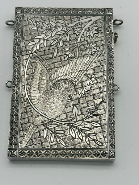 Aesthetic Movement Victorian Silverplate Card Case. Bird in Tree Motif. 19th C