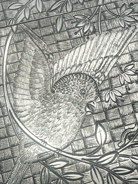 Aesthetic Movement Victorian Silverplate Card Case. Bird in Tree Motif. 19th C