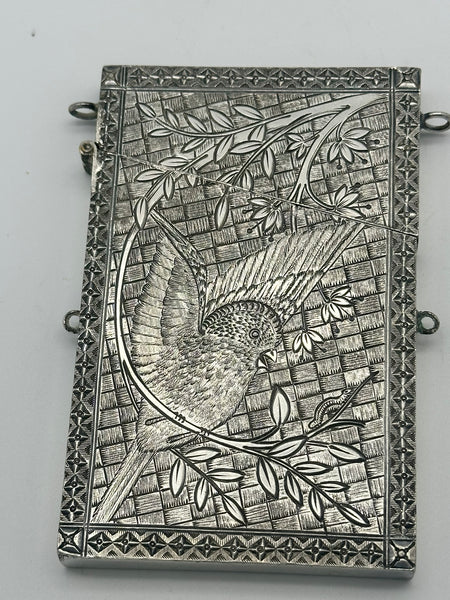 Aesthetic Movement Victorian Silverplate Card Case. Bird in Tree Motif. 19th C