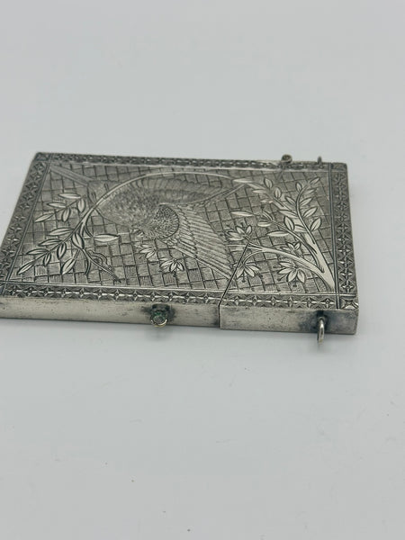 Aesthetic Movement Victorian Silverplate Card Case. Bird in Tree Motif. 19th C