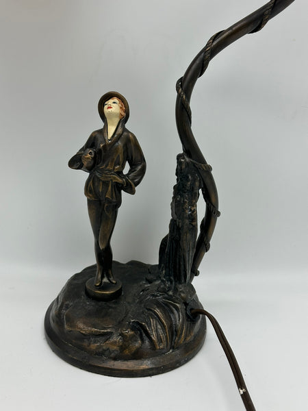 Art Deco Desk Lamp. Bronze-Colored Metal with Art Glass Shade. Figure of Woman.