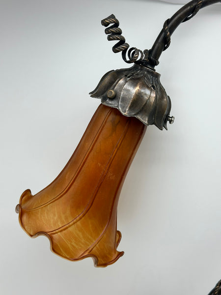 Art Deco Desk Lamp. Bronze-Colored Metal with Art Glass Shade. Figure of Woman.