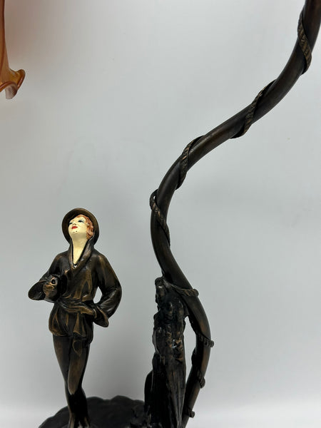 Art Deco Desk Lamp. Bronze-Colored Metal with Art Glass Shade. Figure of Woman.