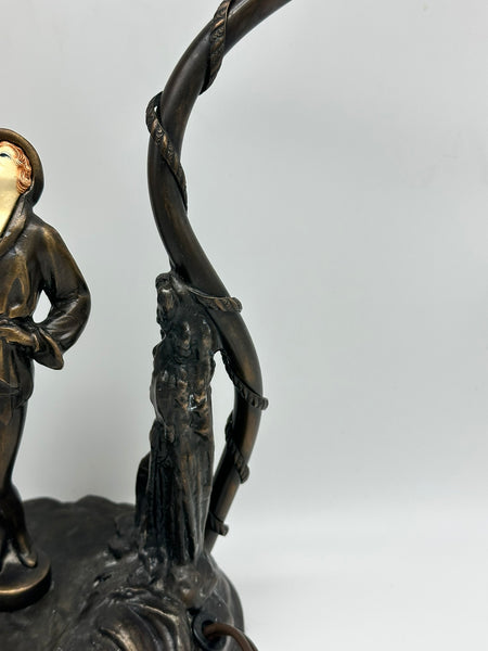 Art Deco Desk Lamp. Bronze-Colored Metal with Art Glass Shade. Figure of Woman.