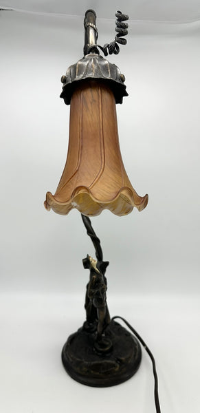 Art Deco Desk Lamp. Bronze-Colored Metal with Art Glass Shade. Figure of Woman.