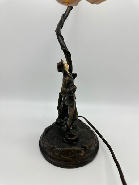 Art Deco Desk Lamp. Bronze-Colored Metal with Art Glass Shade. Figure of Woman.
