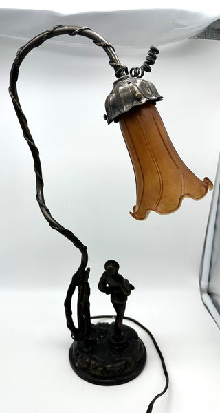 Art Deco Desk Lamp. Bronze-Colored Metal with Art Glass Shade. Figure of Woman.