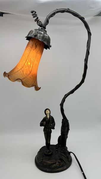 Art Deco Desk Lamp. Bronze-Colored Metal with Art Glass Shade. Figure of Woman.
