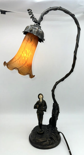 Art Deco Desk Lamp. Bronze-Colored Metal with Art Glass Shade. Figure of Woman.