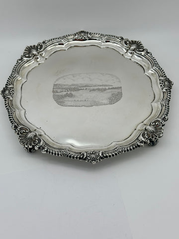 Footed Salver Tray. English Sterling Silver. London 1907. Engraved Landscape.