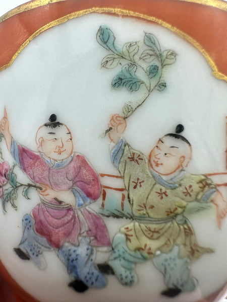 Pair of Small Covered Jars. Chinese Porcelain Coral Ground Children Playing Qing