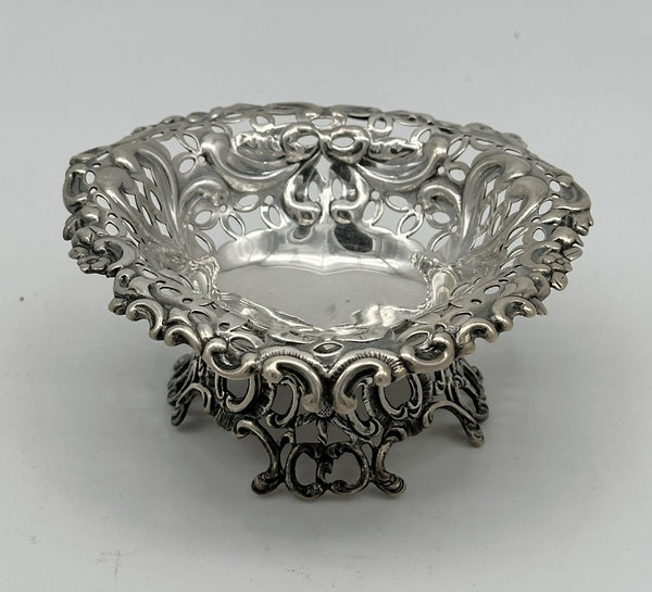 Heart-Shaped Pierced and Footed Candy Dish Bowl. English Sterling. London 1894.