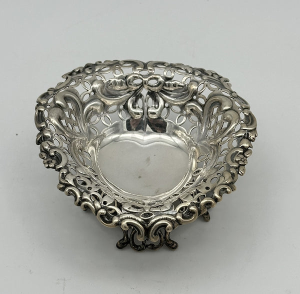 Heart-Shaped Pierced and Footed Candy Dish Bowl. English Sterling. London 1894.