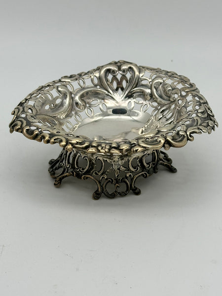 Heart-Shaped Pierced and Footed Candy Dish Bowl. English Sterling. London 1894.
