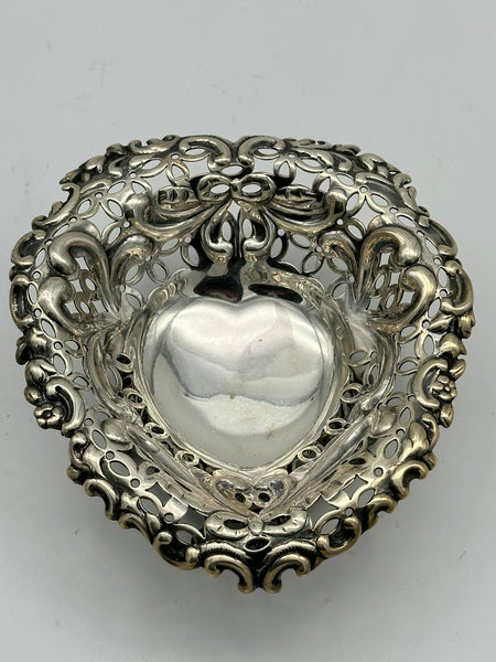 Heart-Shaped Pierced and Footed Candy Dish Bowl. English Sterling. London 1894.