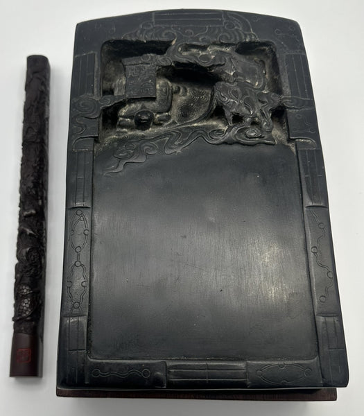 Large Chinese Inkstone on Stand. Mid 19th Century. Includes Scroll Weight