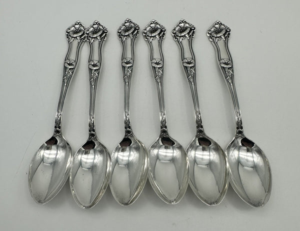 Six Teaspoons. Alvin Sterling Silver Morning Glory Pattern. No Monogram. 5 7/8"