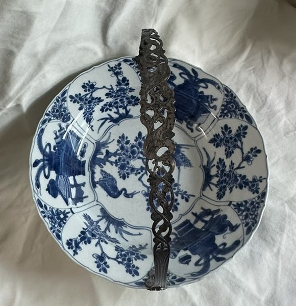 Basket Bowl with Handle. Chinese Blue and White Porcelain Silver Handle. 18th C