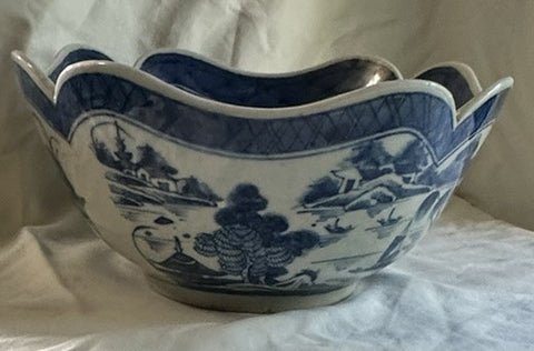 Bowl Notched Corners. Chinese Blue and White Canton Porcelain. Late 19th C.