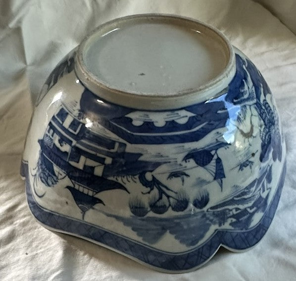 Bowl Notched Corners. Chinese Blue and White Canton Porcelain. Late 19th C.