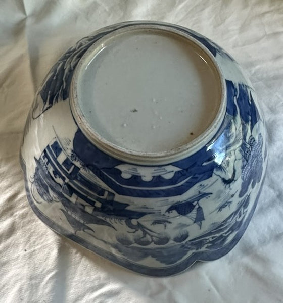 Bowl Notched Corners. Chinese Blue and White Canton Porcelain. Late 19th C.