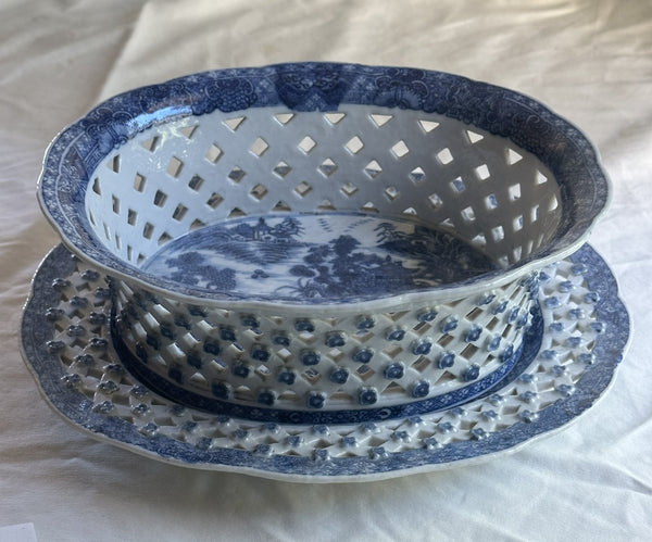 Reticulated Bowl and Underplate. English Blue and White Basket. 18th Century