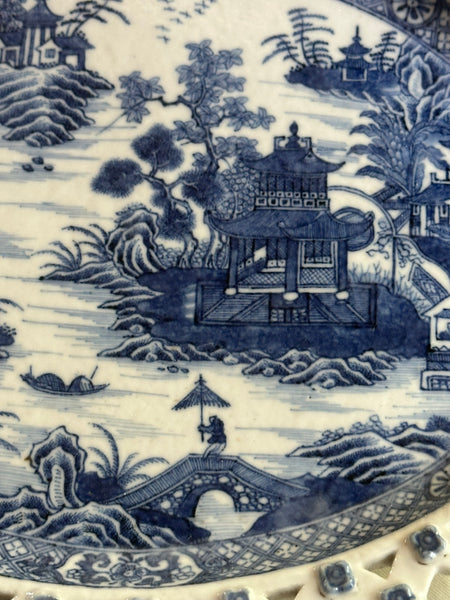 Reticulated Bowl and Underplate. English Blue and White Basket. 18th Century