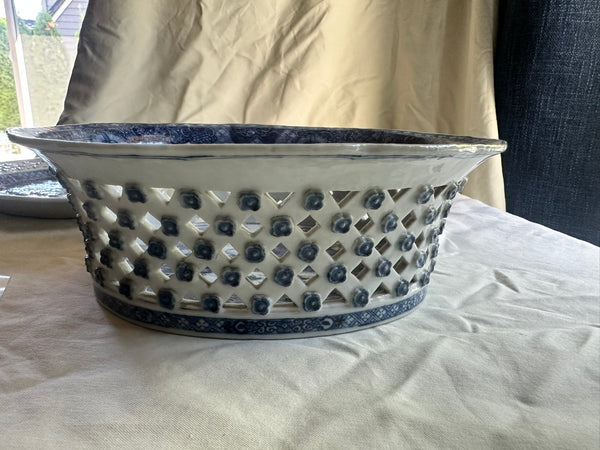 Reticulated Bowl and Underplate. English Blue and White Basket. 18th Century
