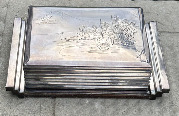 Japanese Silver over Wood Box on Tray. Engraved Lid. Art Deco Design. Signed.