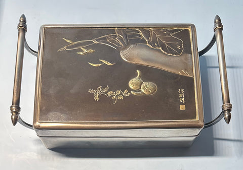 Japanese Silver Box with Mixed Metals Lid. Artist Signed. Meiji/Taisho