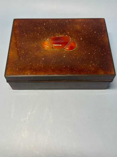 Japanese Goldstone Cloisonne Box Set with Carnelian in Lid. Early 20th Century