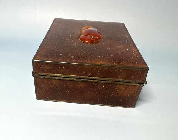 Japanese Goldstone Cloisonne Box Set with Carnelian in Lid. Early 20th Century