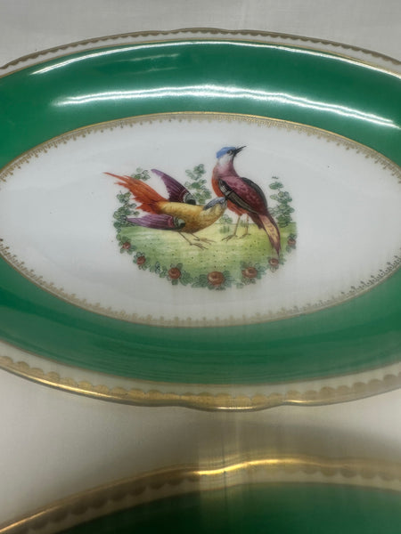 Pair of Oval Serving Dishes. English Porcelain. Green, Game Birds. 20th Century