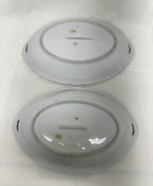 Pair of Oval Serving Dishes. English Porcelain. Green, Game Birds. 20th Century