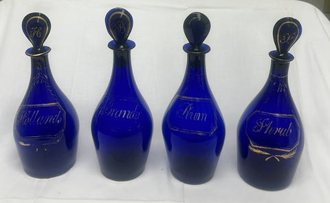 Four Bristol Blue Liquor Bottles. Cobalt with Gold. 18th Century