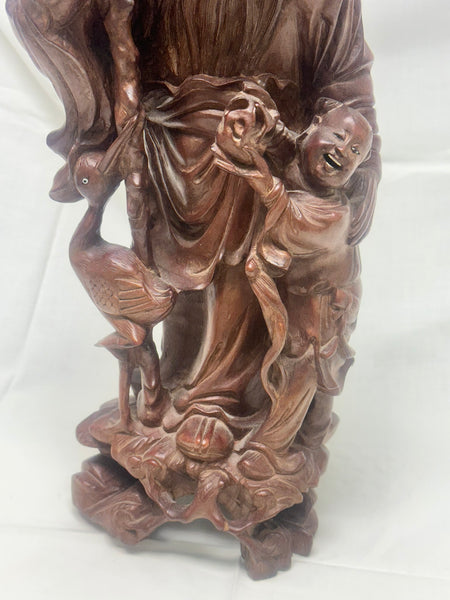 Chinese Carved Wood Immortal with Crane and Boy. Qing. 16 1/2" height