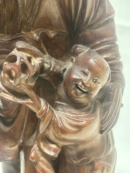Chinese Carved Wood Immortal with Crane and Boy. Qing. 16 1/2" height