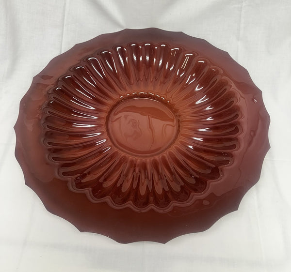 Large Chinese Peking Glass Ribbed Charger. Brownish Rust Red. 17 1/4" Diameter