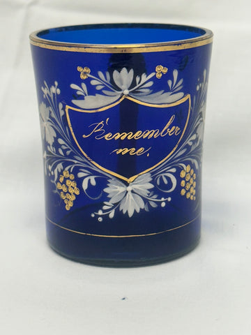 Remember Me Mug. Cobalt Blue Glass with Enamel Flowers and Leaves.